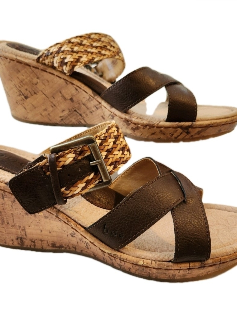 b.o.c. a Born Concept Size 9 Brown Leather Braided Cork Wedges Heel Shoes Sandal - Picture 5 of 13